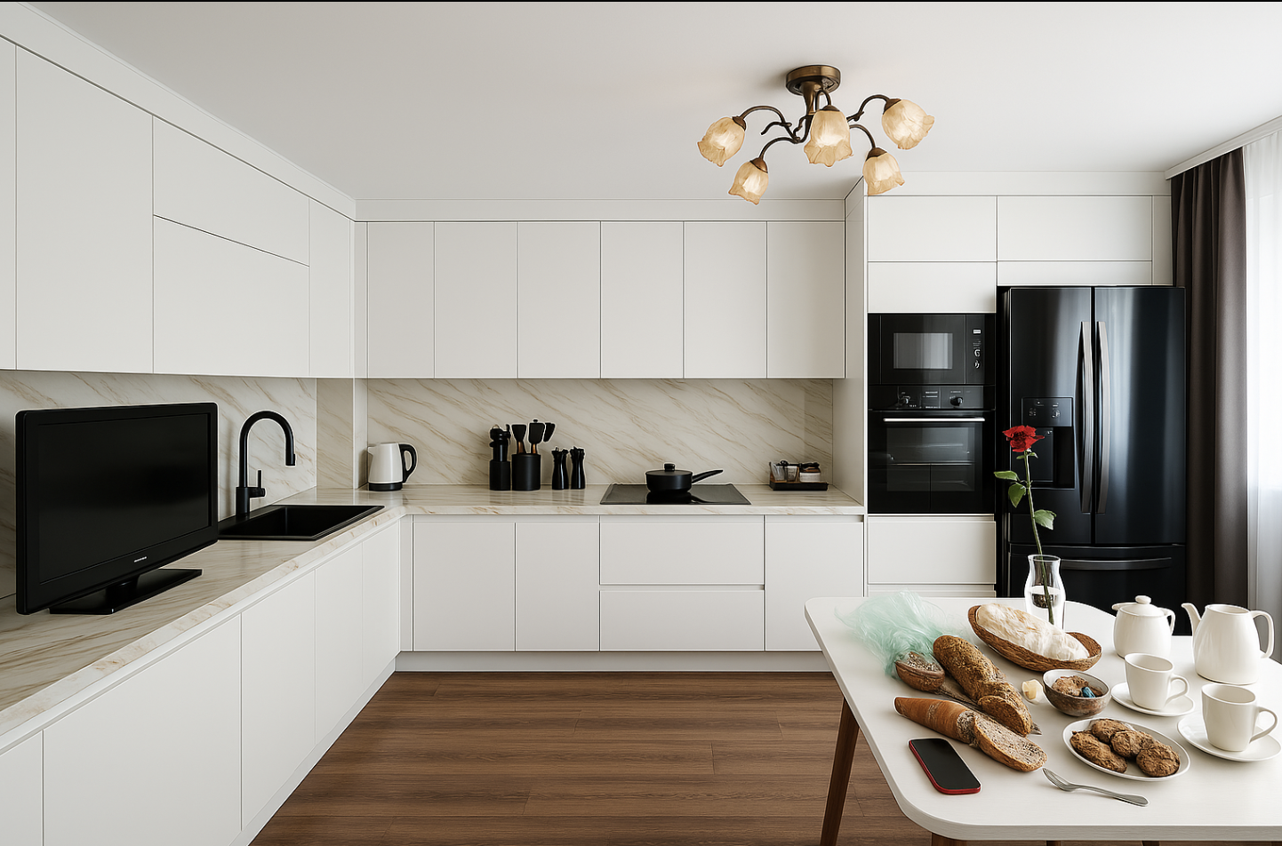 Кухня П-образная минимализм — Белая матовая